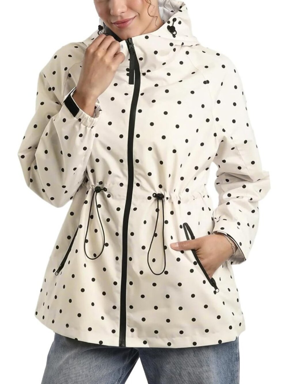 Hooded Polka Dot Rain Jacket for Women | Zip Up High Neck Waterproof Coat